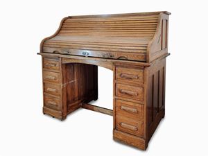 Office desk with roller shutter in oak wood, 20th century