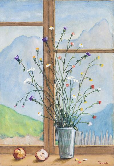 Fiori alla finestra, olio su tela