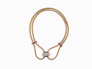 COLLANA IN ORO, DIAMANTI E RUBINI SINTET