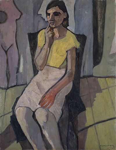Ragazza seduta, olio su tavola