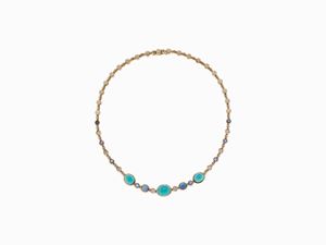 COLLANA IN ORO, TURCHESI, DIAMANTI E ZAF