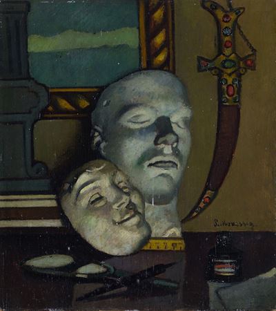 Senza titolo (Viso e Maeschera), olio su tavola