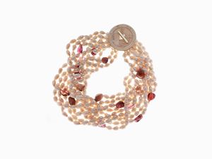 COLLANA IN PERLE, ORO, AVORIO E TORMALIN