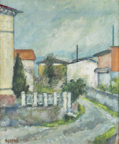 Giornata piovosa: Paesaggio toscano con case
