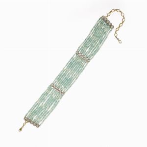 COLLIER DE CHIEN" WHITE AND YELLOW GOLD 18 K, WITH BRIOLETTE CUT AQUAMARINES, LITTLE CULTIVATED PEAR