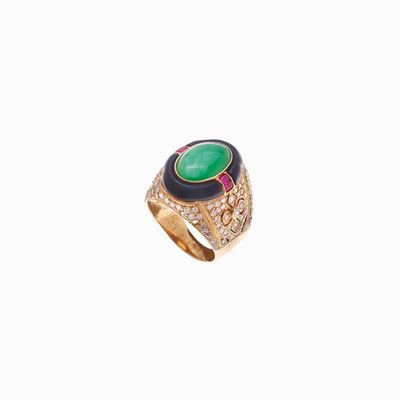Anello in Oro, Giada, Diamanti, Rubini e