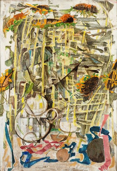 Senza titolo (Girasoli e teiera), olio su cartone, 1955