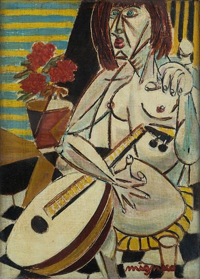 Donna con chitarra, acquerello su carta intelata