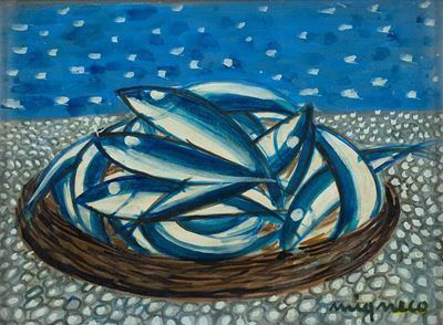 Pesci sulla spiaggia, olio su carta intelata, 1969