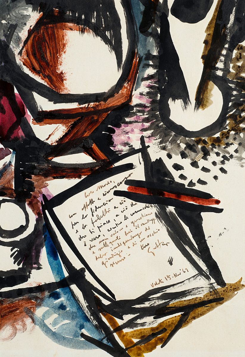 Renato Guttuso - Barattoli olio e pastelli, 1962, tecnica mista su carta