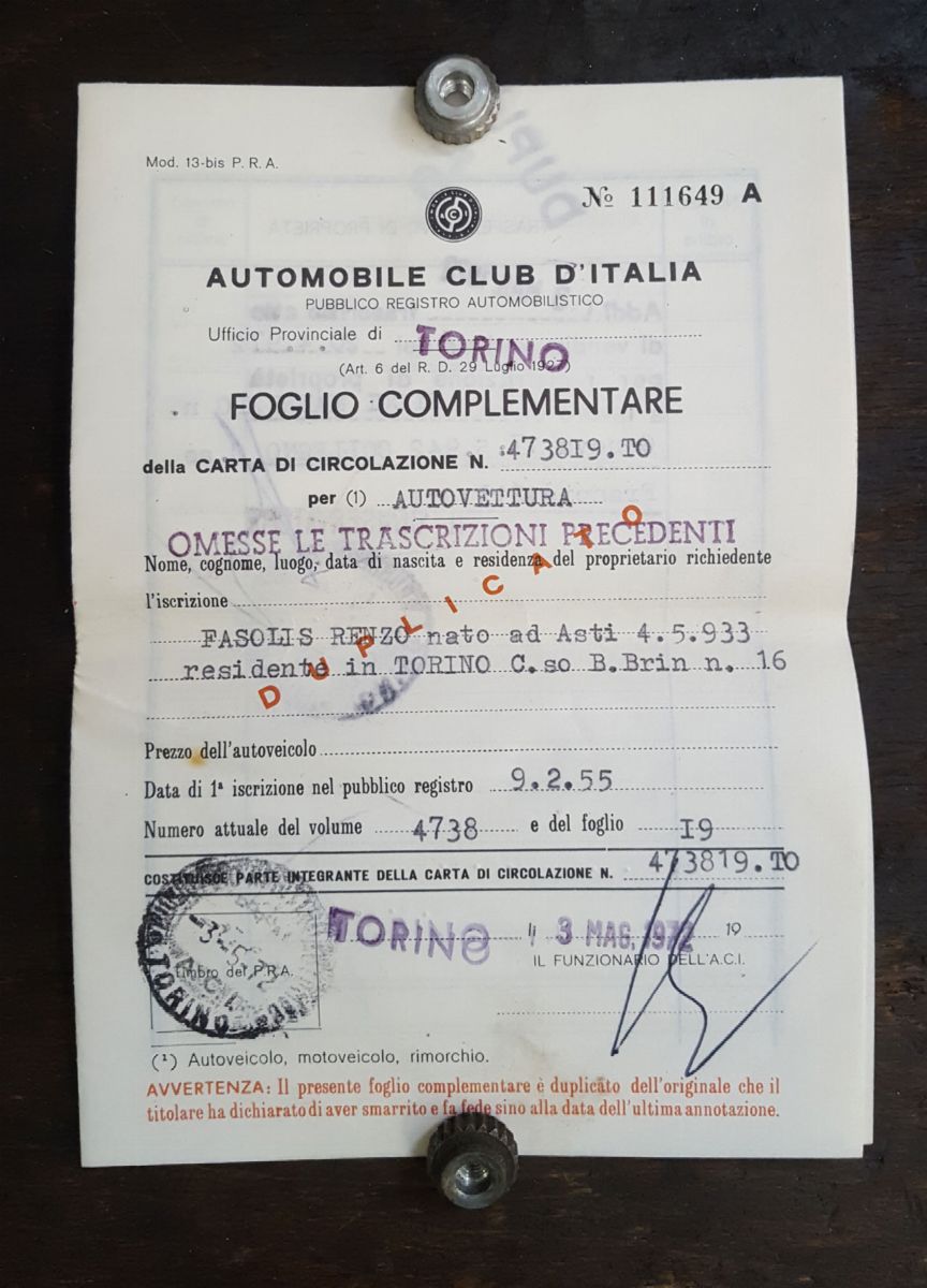 Libretto di Circolazione Fiat 8V, Telaio 106000052, Targa TO473819