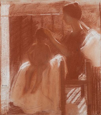Elisa e Luce sul balcone, sanguigna su carta, 1907