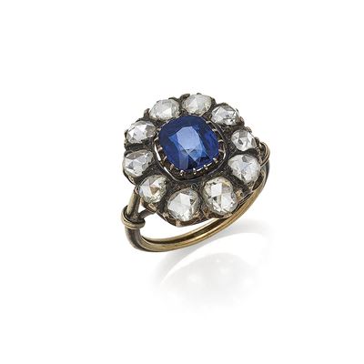 Anello D’epoca in Oro, Argento, Zaffiro e Diamanti