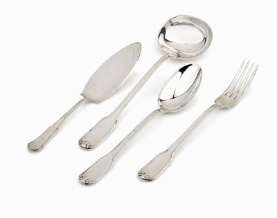 Set di quattro pezzi di argenteria, mestolo, forchettone, cucchiaio e paletta per dolci