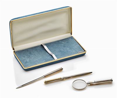 Set in Argento 925/1000, composto da Penna a sfera, Tagliacarte e Lente con Astuccio