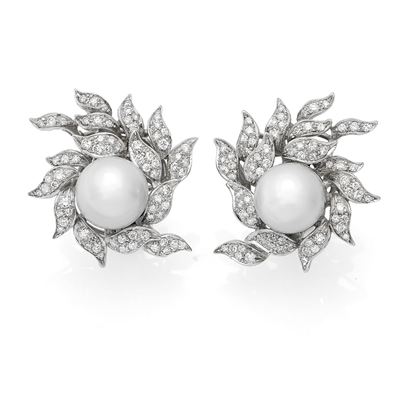 Orecchini a clip in oro bianco 18K con diamanti e perle australiane coltivate