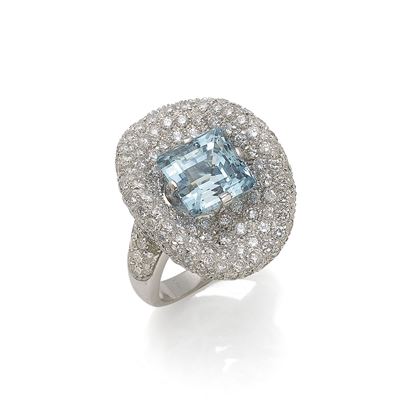 Anello in oro bianco 18K con diamanti e acquamarina