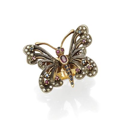 Anello Napoletano, in oro giallo 14K e argento, con diamanti, rubini e zaffiri
