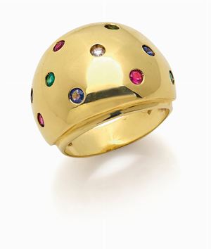 ANELLO IN ORO, DIAMANTE E PIETRE DI COLO