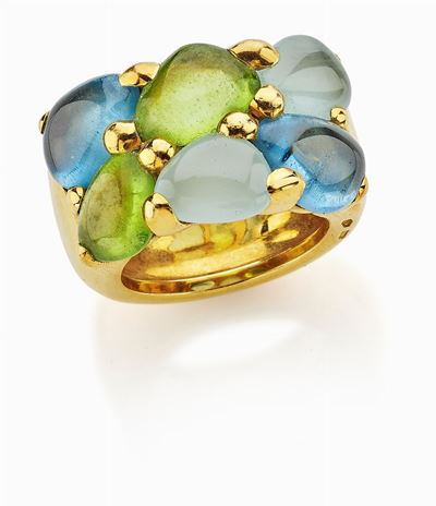 Pomellato, Anello Collezione Sassi in oro giallo 18K con topazi azzurri e peridoti
