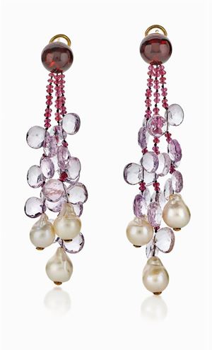 PAIO DI ORECCHINI FANTASIA IN ORO GIALLO E GEMME COLORATE