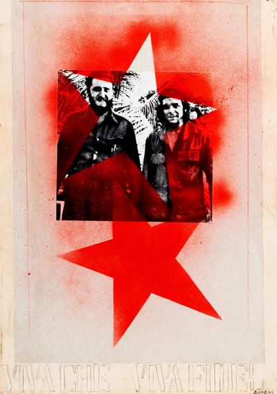 Viva Che, Viva Fidel - smalto, vernice a spruzzo, collage e fotografia su cartoncino applicato su...