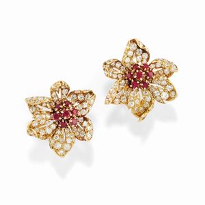 A 18K yellow gold, ruby and diamond earclips, Boucheron