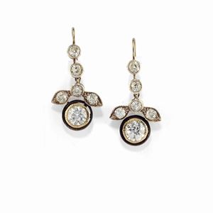 A silver, yellow gold and diamond pendant earrings, early 20th Century