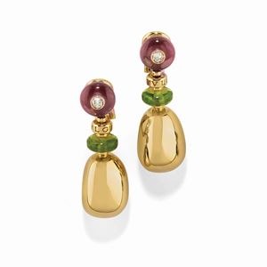 A 18K yellow gold, amethyst, peridot and diamond earclips, Bulgari, with box