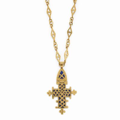Collana in oro giallo 18K con smalto, maglia a losanghe e centrale a croce