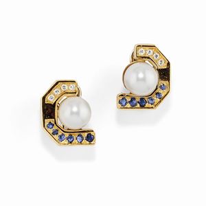A 18K yellow gold, cultured pearl, sapphire and diamond earclips