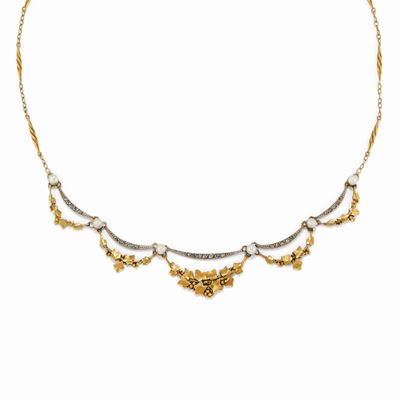 Collana con perle e diamanti, argento e oro giallo 18K, inizio XX secolo