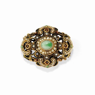 Spilla con perle e giadeite, argento dorato