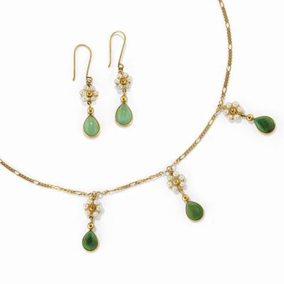 Demi parure in oro giallo 18K con turchesi e perle