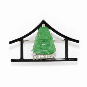 A 18K white gold, jade, enamel and diamond brooch