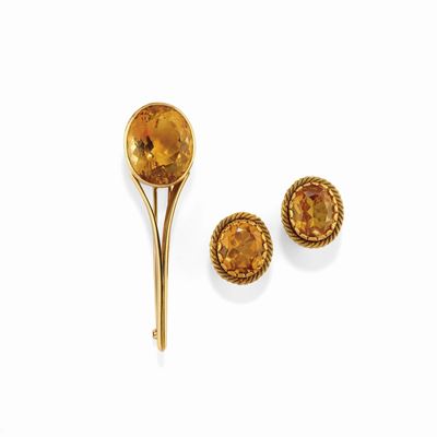 Spilla e orecchini con quarzi, oro giallo 18K