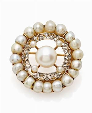 SPILLA D'EPOCA IN ORO E PERLE NATURALI