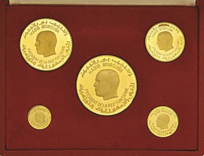 TUNISIA, Serie di cinque valori oro 1967 (40, 20, 10, 5 e 2 dinars)