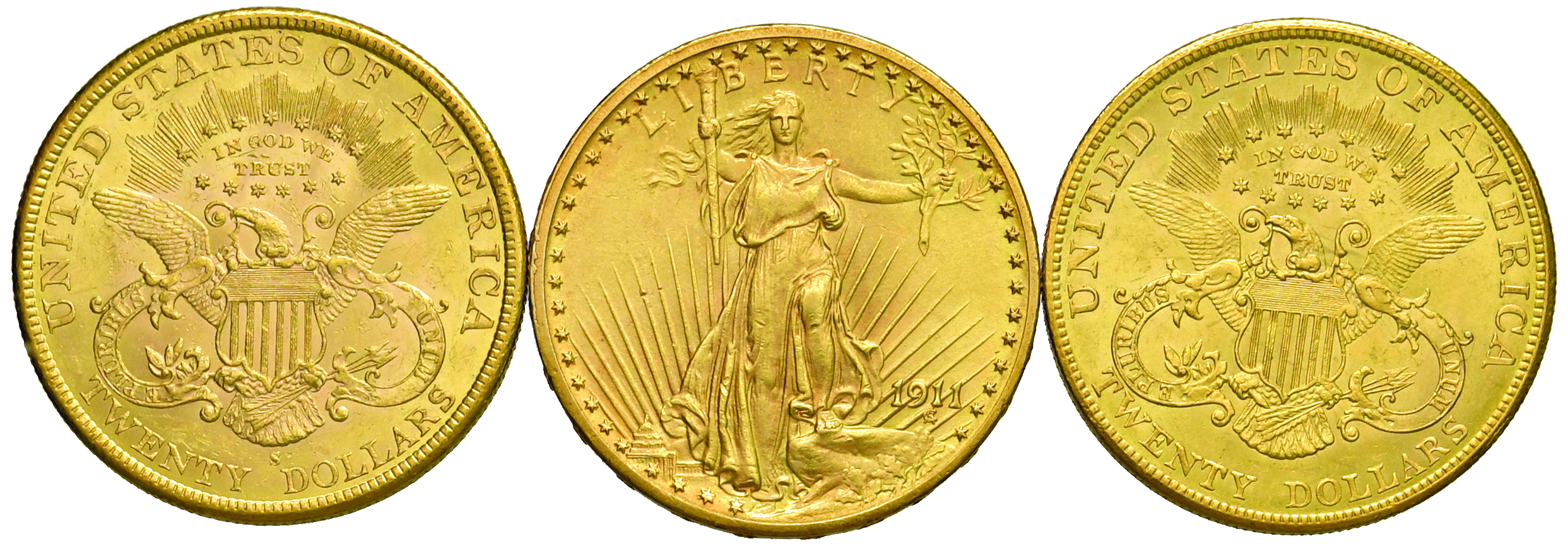 Lotto di tre monete da 20 dollari, U.S.A., 1895, 1904 e 1911, Oro, gr. 100