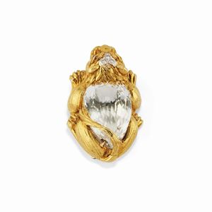 A 18K yellow gold, platinum, crystal rock, ruby and diamond brooch, Webb