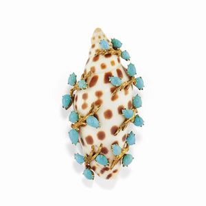 A platinum, 18K yellow gold, turquoise and shell brooch, Webb