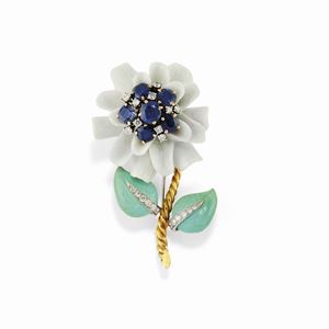 A platinum, 18K yellow gold, ceramic, sapphire, turquoise and diamond brooch