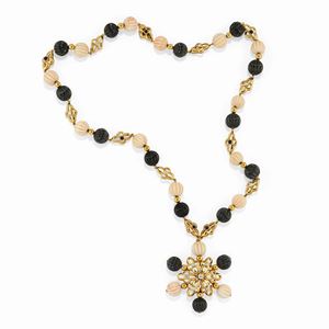 Collana con onice, corallo e diamanti