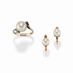 A 18K two-color gold, cultured pearl and diamond earrings and ring