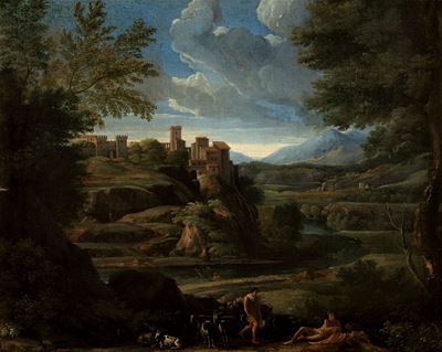 Autore sconosciuto, Paesaggio arcadico con pastori e armenti, olio su tela
