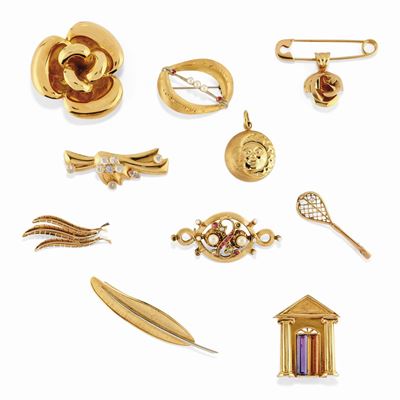 Dieci spille-pendenti in oro giallo 18K con pietre colorate