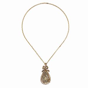 A silver, 9K yellow gold and diamond necklace with pendant, 19th Century