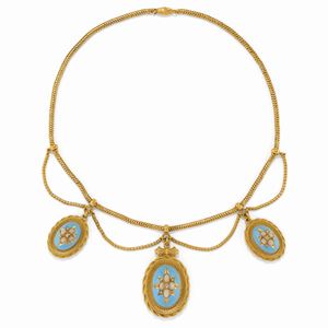 A coral, enamel and diamond necklace, 19th Century