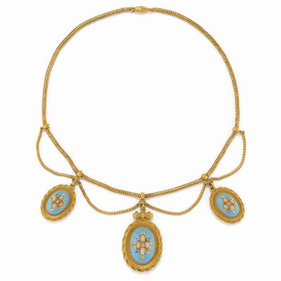 Collana con smalto, corallo e diamanti, oro giallo 18K, XIX secolo