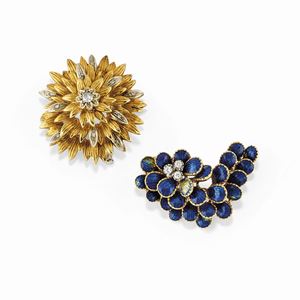 Two 18K two-color gold, enamel and diamond brooches, defects